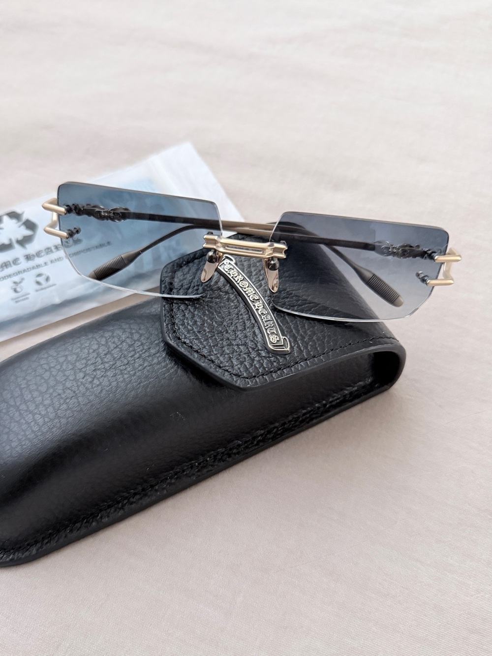 Auth BN Chrome Hearts Lordie Blue Rimless Sunglasses w/ Gold Hardware